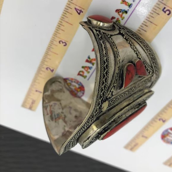 single Tribal Stone Cuff, Coral Stone Ethnic Afghan Cuff Bracelet, Handmade Afgh - Picture 7 of 8